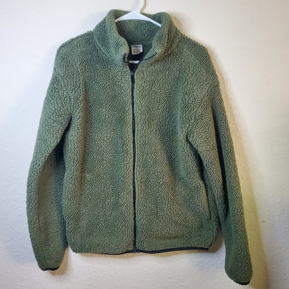 PINK Olive Green Black Sherpa Fleece Zip Front Warm Womens Jacket Small  Good pr